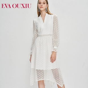 法式 伊华欧秀2023年春季 新款 通勤透视蕾丝裙子钻石领A字连衣裙女