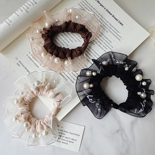 法式网纱珍珠丸子头猪肠发圈女高级感夏季扎马尾头绳发饰