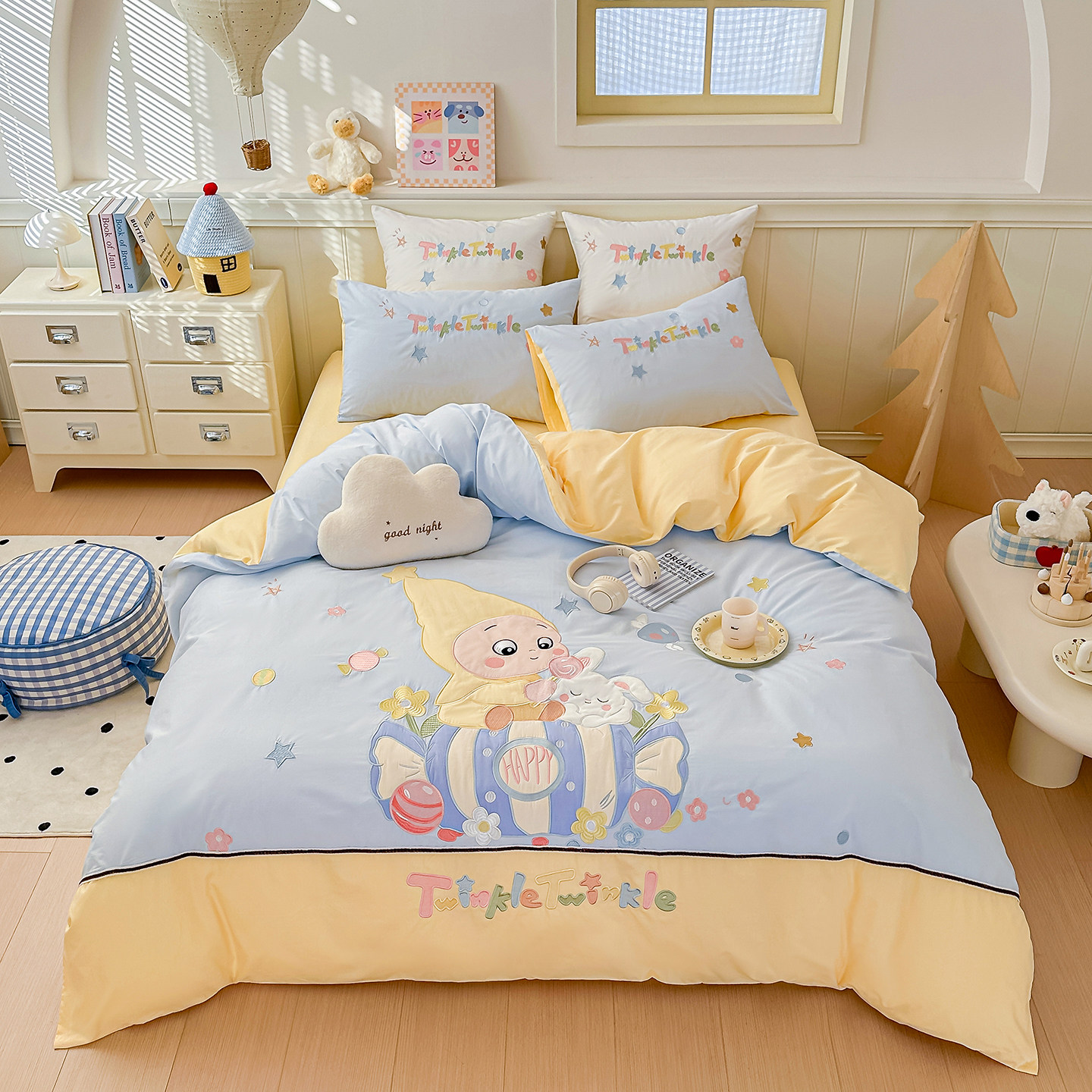 可爱全棉长绒棉四件套卡通星星人刺绣被套床单纯棉1.8m床上用品