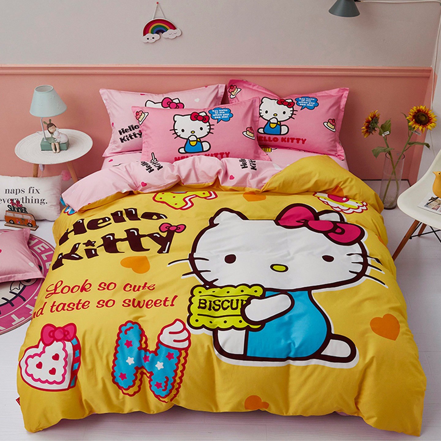 女孩公主风四件套纯棉全棉hellokitty床单被套儿童宿舍床上三件套