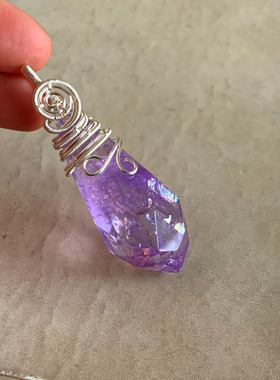 绕银丝天然紫水晶灵摆切面刻面