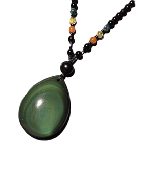 天然黑曜石毛衣链彩虹眼吊坠