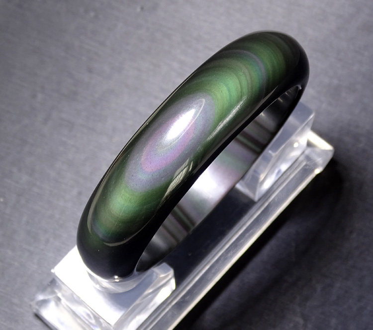 水玉冰魄天然黑曜石手镯 彩虹眼黑曜石镯子 双眼光彩好小圈口实物