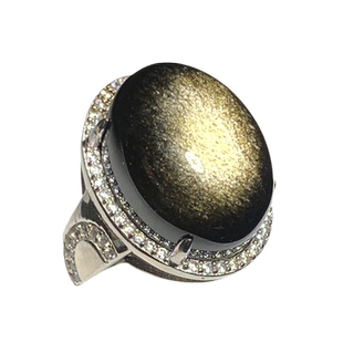 水玉冰魄天然金曜石戒指 金光银镶嵌指环 中指大戒面 黑曜石食指