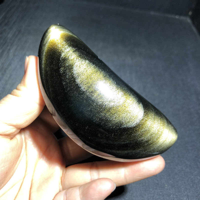 水玉冰魄天然金曜石弯月亮把玩 黑曜石原石手把件 金光闪闪金月亮