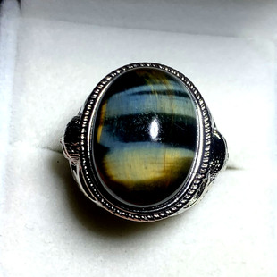 水玉冰魄天然蓝虎石戒指 白铜镶嵌 黄虎石 虎睛石 虎眼石中指食指