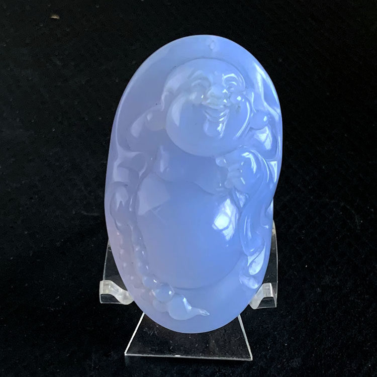 水玉冰魄天然蓝玉髓佛手把件蓝玛瑙原石手工雕刻弥勒佛把玩实物
