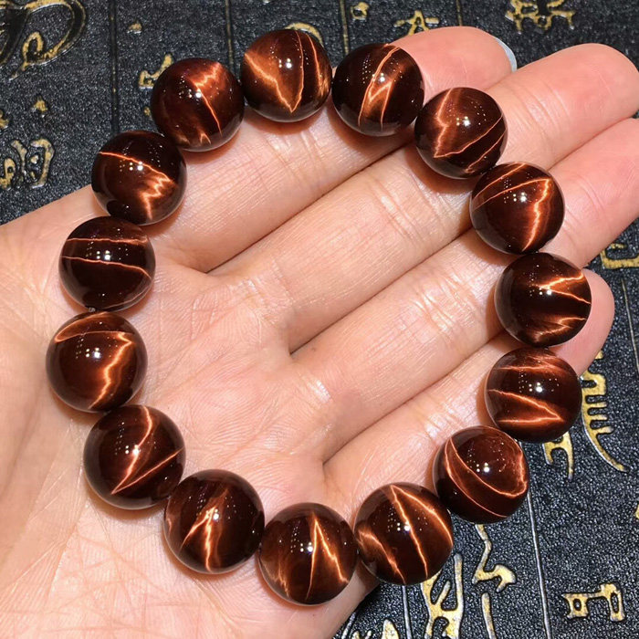 水玉冰魄天然红虎石手链 红虎睛石手串 男女款闪电纹红虎眼 水晶