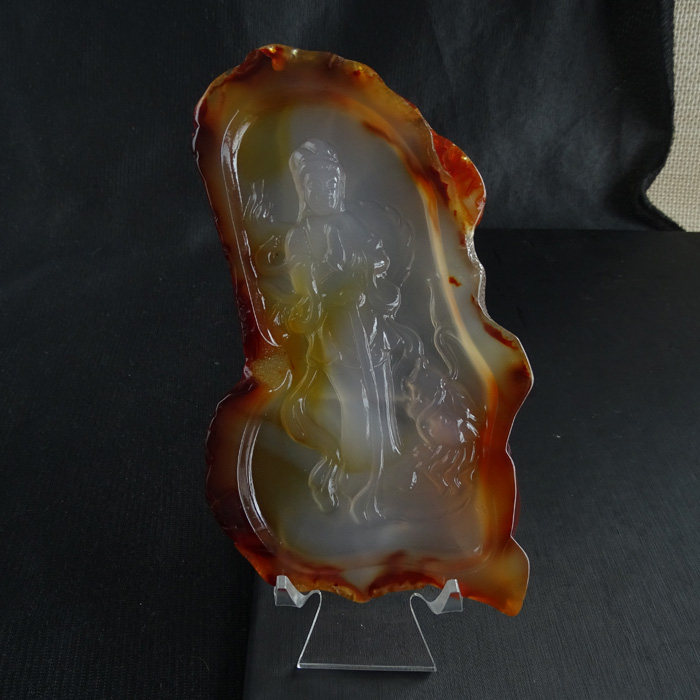 水玉冰魄 天然缠丝玛瑙片挂件 雕刻观音佛像 礼佛家居摆件　实物