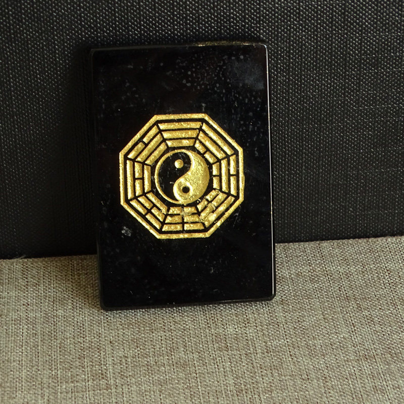 天然黑曜岩方牌八卦项链烫金吊坠