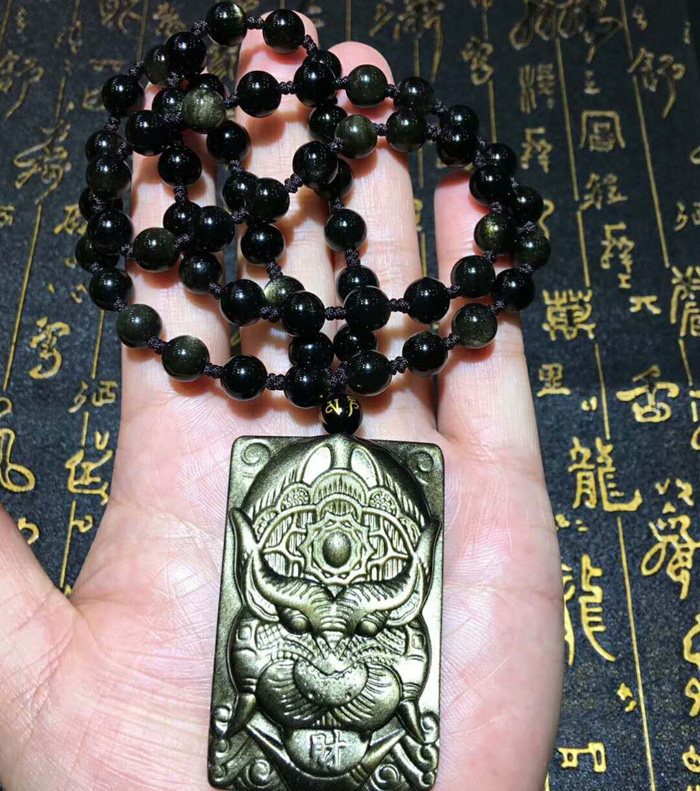 水玉冰魄 天然黑曜石吊坠 墨西哥金曜石吃钱兽项链项坠方牌毛衣链