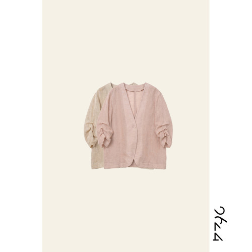 【虚画·杂糅织物】进口亚麻编织色织女装七分袖褶皱西装62LS0298