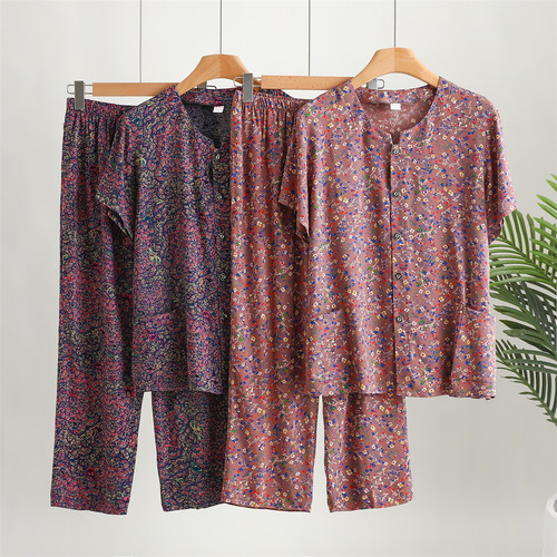 中老年棉绸短袖长裤套装