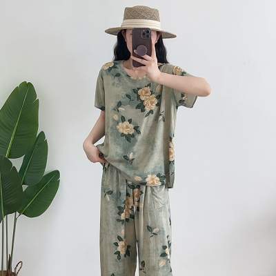 绵绸短袖阔腿裤套装家居服