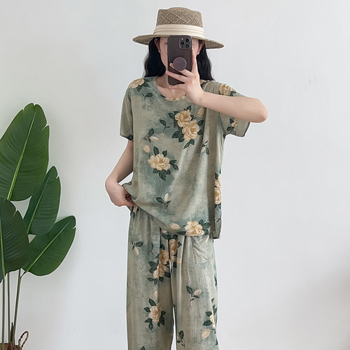 绵绸短袖阔腿裤套装家居服