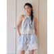 签儿法式 两件套海边浪漫慵懒度假风穿搭 海蓝蕾丝刺绣挂脖上衣短裤