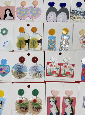 夏天绿色花朵油画感桃心亚克力夹式耳环高级感艺术日单耳夹无耳洞