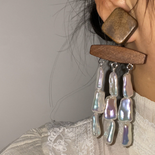 欧韩风木质珍珠度假耳环女时尚个性气质耳饰意大利设计师耳坠耳夹