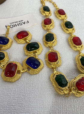 欧美夸张金色彩色琉璃中古项链高级感轻奢百搭时尚锁骨链手链