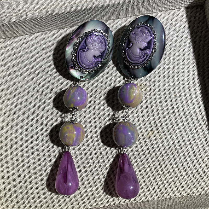独特漂亮精致耳钉长款夸张复古气质紫色手作高级感耳环耳饰耳夹