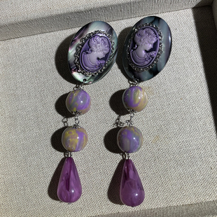 独特漂亮精致耳钉长款夸张复古气质紫色手作高级感耳环耳饰耳夹