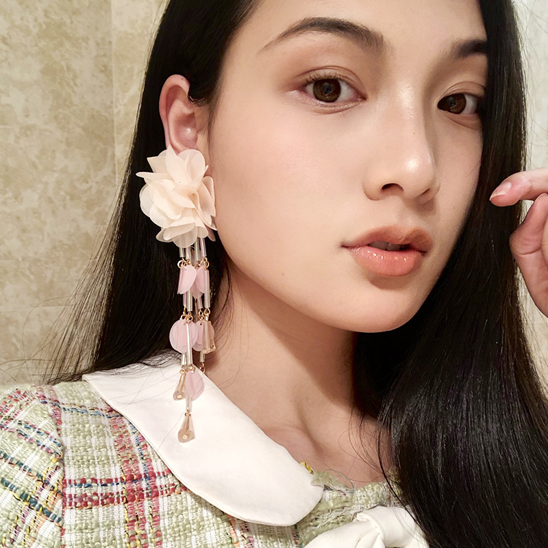 欧美长款夸张流苏花朵花瓣耳环显瘦修饰脸型气质网红度假耳饰耳坠