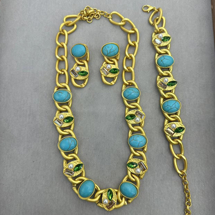 设计师复古高级感轻奢绿色松石粗链条项链耳环手链套装亚金色饰品