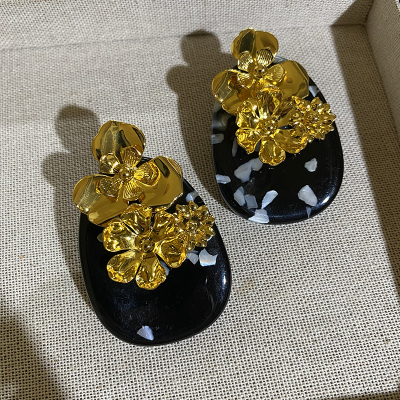 金色花朵黑色夸张复古设计感小众耳钉轻奢高级感气质大气耳环耳夹