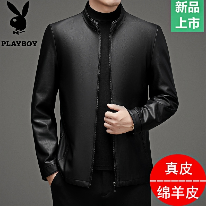 花花公子男士立领绵羊皮皮衣
