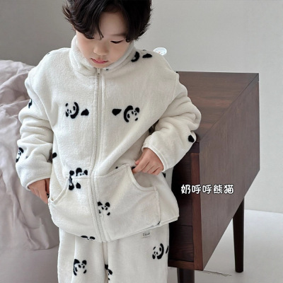 杜小宅男童女童套装儿童家居服冬季熊猫绒睡衣暖暖套装加厚