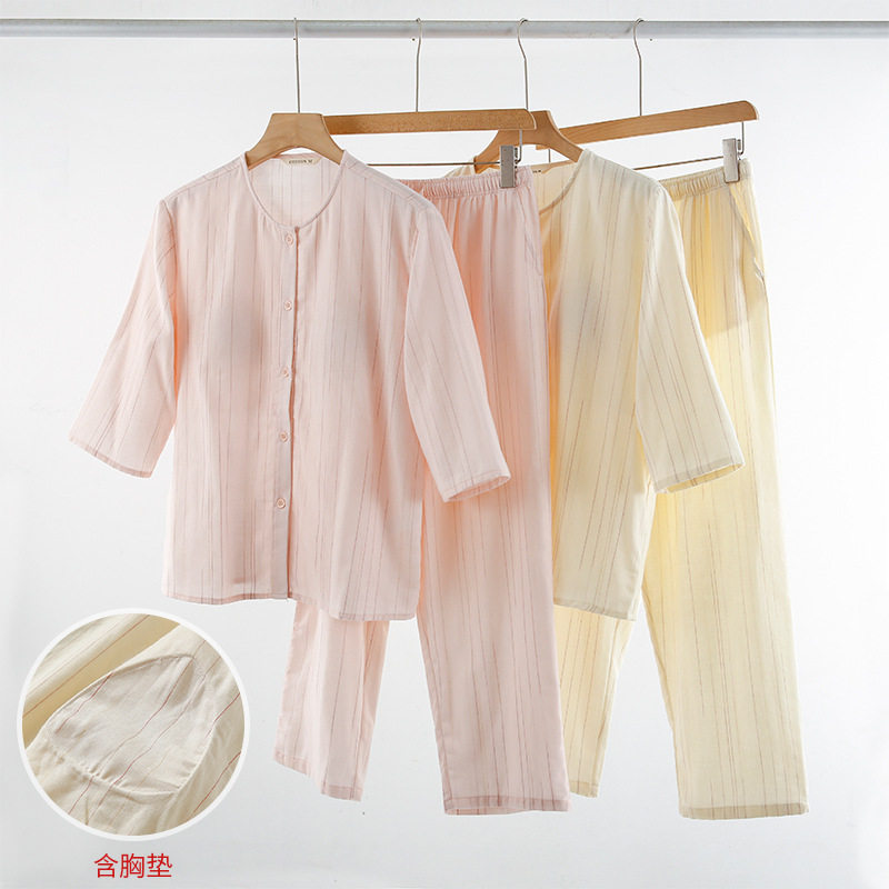 QMLP纯棉双层纱布女式家居服七分袖八分裤胸垫款全棉睡衣女套装