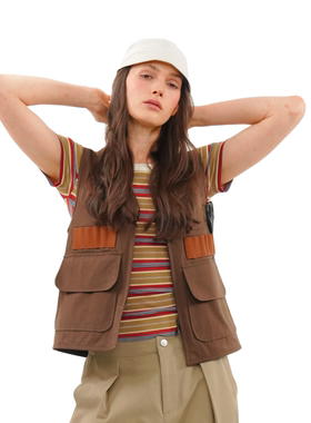 AXYPAGES Vintage复古多口袋可拆卸围裙式工装风宽松V领马甲