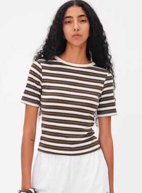 AXYPAGES修身收腰版型裸感美式复古简约条纹针织短袖T恤短上衣女