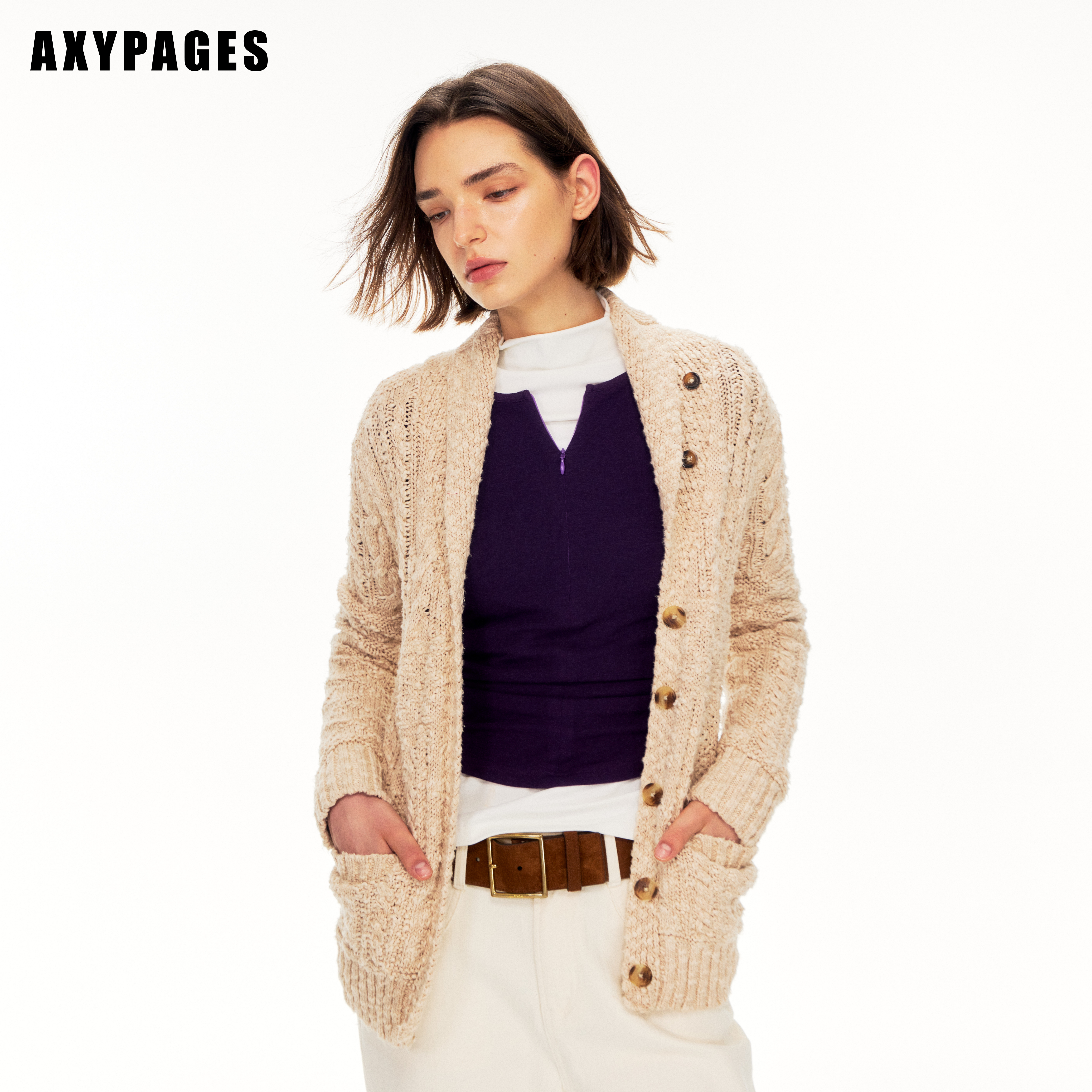 AXYPAGES复古青果领粗棒针麻花肌理单排扣双口袋慵懒风针织开衫