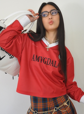 AXYPAGES秋新款复古百搭街头长袖T恤中性风刺绣提花短款翻领球衣