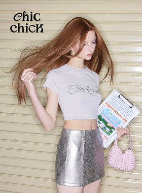ChicChick时髦小鸡vol17呼吸感!纯棉海豚灰辣妹烫钻修身短款T恤