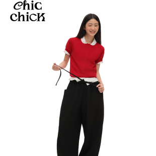 ChicChick时髦小鸡新品 松弛感黑色立体剪裁松紧抽绳气球宽松长裤