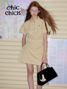 ChicChick时髦小鸡vol17 条纹设计感A字休闲短裙 黄油色运动风格