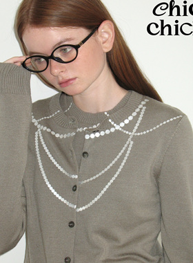ChicChick时髦小鸡新品 卡其色奴羊毛珍珠项链针织背心开衫两件套