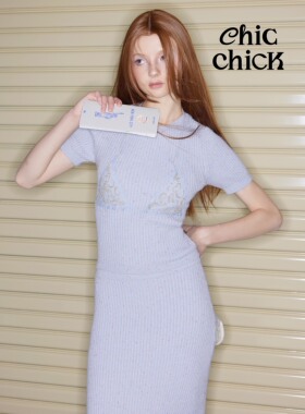 ChicChick时髦小鸡vol17趣味灰蓝彩点针织比基尼效果珠绣短袖上衣