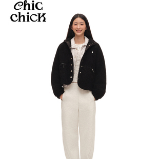 ChicChick时髦小鸡 黑色重磅摇粒绒翻领休闲宽松外套 复古藤校风