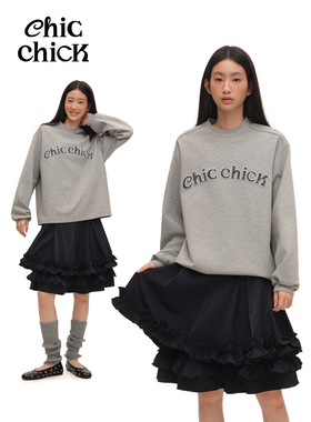 ChicChick时髦小鸡新品美式复古 重工珠绣灰色学院风字母宽松卫衣
