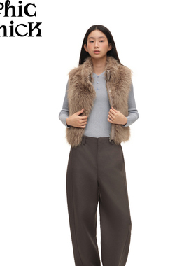 ChicChick时髦小鸡 摩登复古肉桂棕咖啡环保皮草立领短款拉链马甲