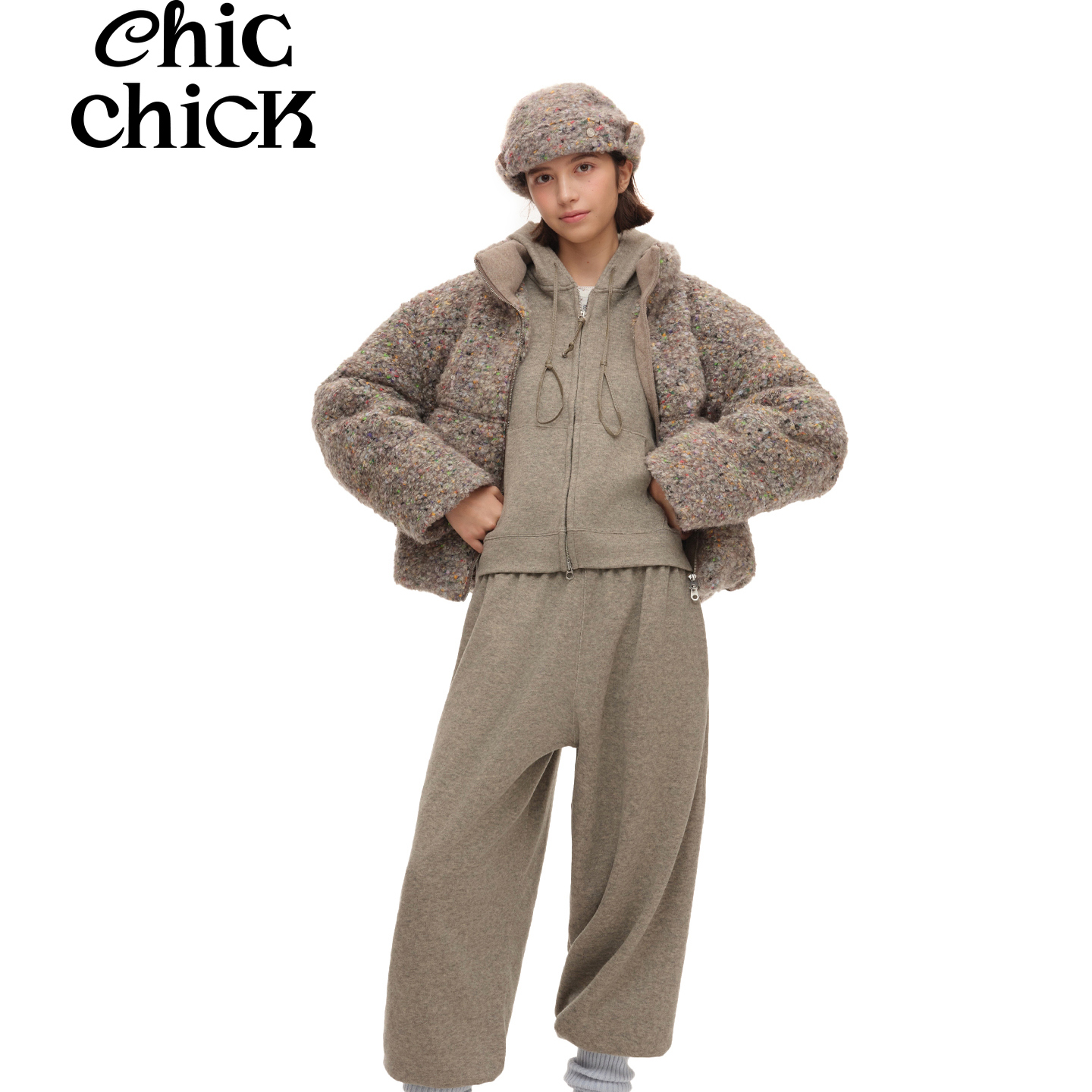 ChicChick时髦小鸡 舒芙蕾 燕麦色云朵宽松连帽卫衣束脚卫裤套装