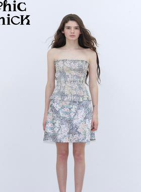 ChicChick时髦小鸡新品 度假野山樱印花手工打缆弹力抹胸上衣套装