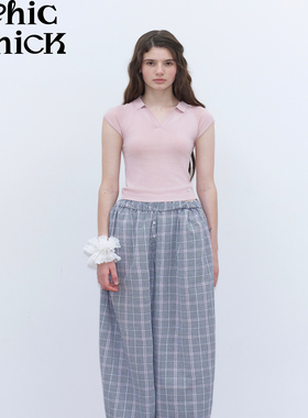 ChicChick时髦小鸡新品 轻盈精制冷调粉亮丝正肩短款针织Polo短袖