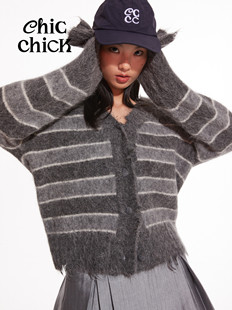 ChicChick时髦小鸡vol14灰条纹100%羊驼毛毛边廓形短款 毛衣外套