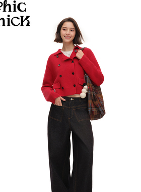 ChicChick时髦小鸡 工艺单宁 苏格兰格纹卷边原色直筒宽松牛仔裤