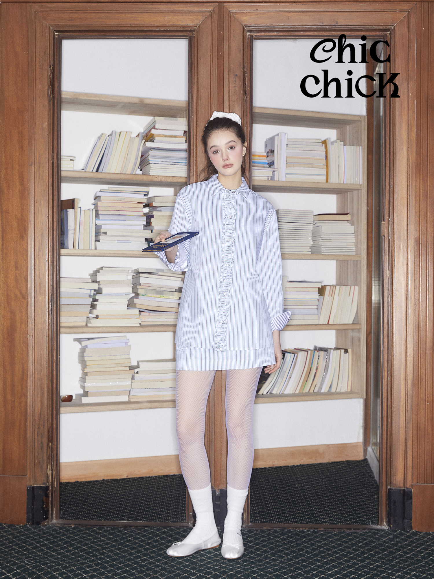 ChicChick时髦小鸡vol19蓝绿白双面条纹可拆卸花边衬衫+短裙套装