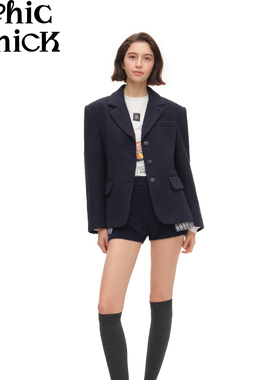 ChicChick时髦小鸡 藏蓝色圈圈含羊毛毛呢格纹内衬假两件西装外套